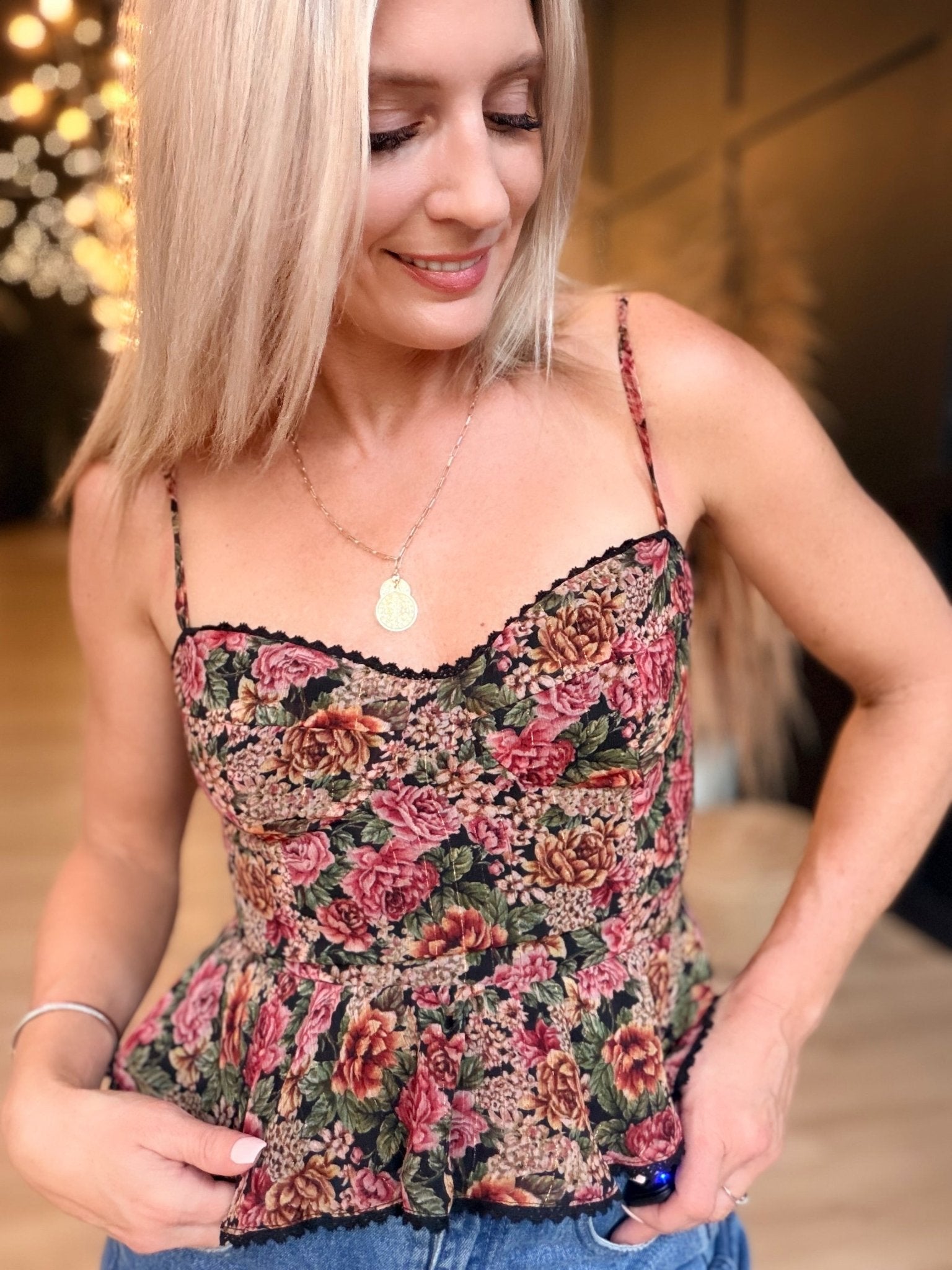 Vintage Rose Lurex Flared Cami Top In Rose Black - Infinity Raine