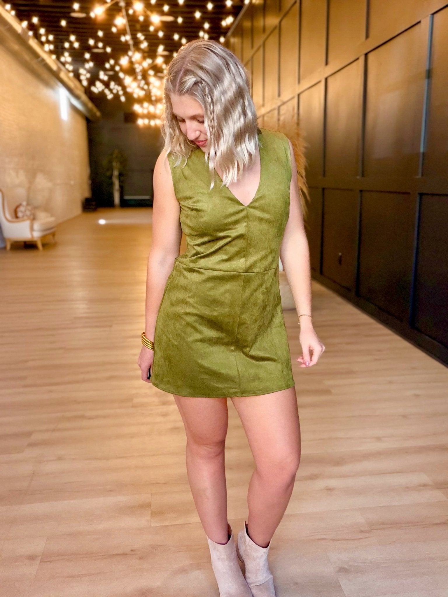 Von V Neck Suede Sift Mini Dress In Olive - Infinity Raine