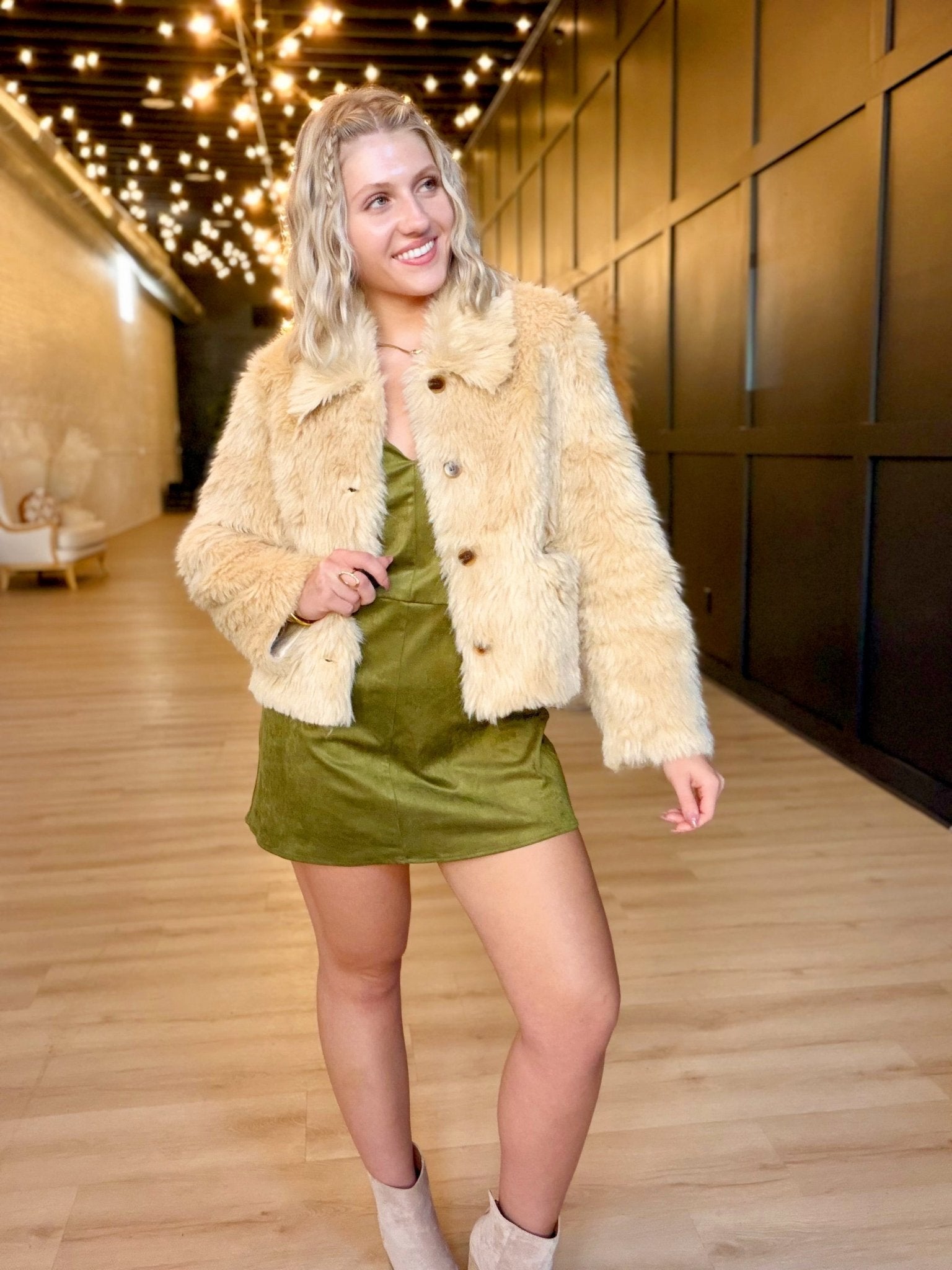 Von V Neck Suede Sift Mini Dress In Olive - Infinity Raine