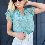 Ruffle Sleeve Floral Blouse In Mint - Infinity Raine