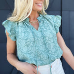 Ruffle Sleeve Floral Blouse In Mint - Infinity Raine