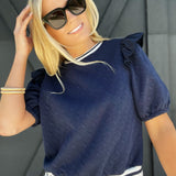 Striped Band Short Sleeve Textured Top In Navy - Infinity Raine