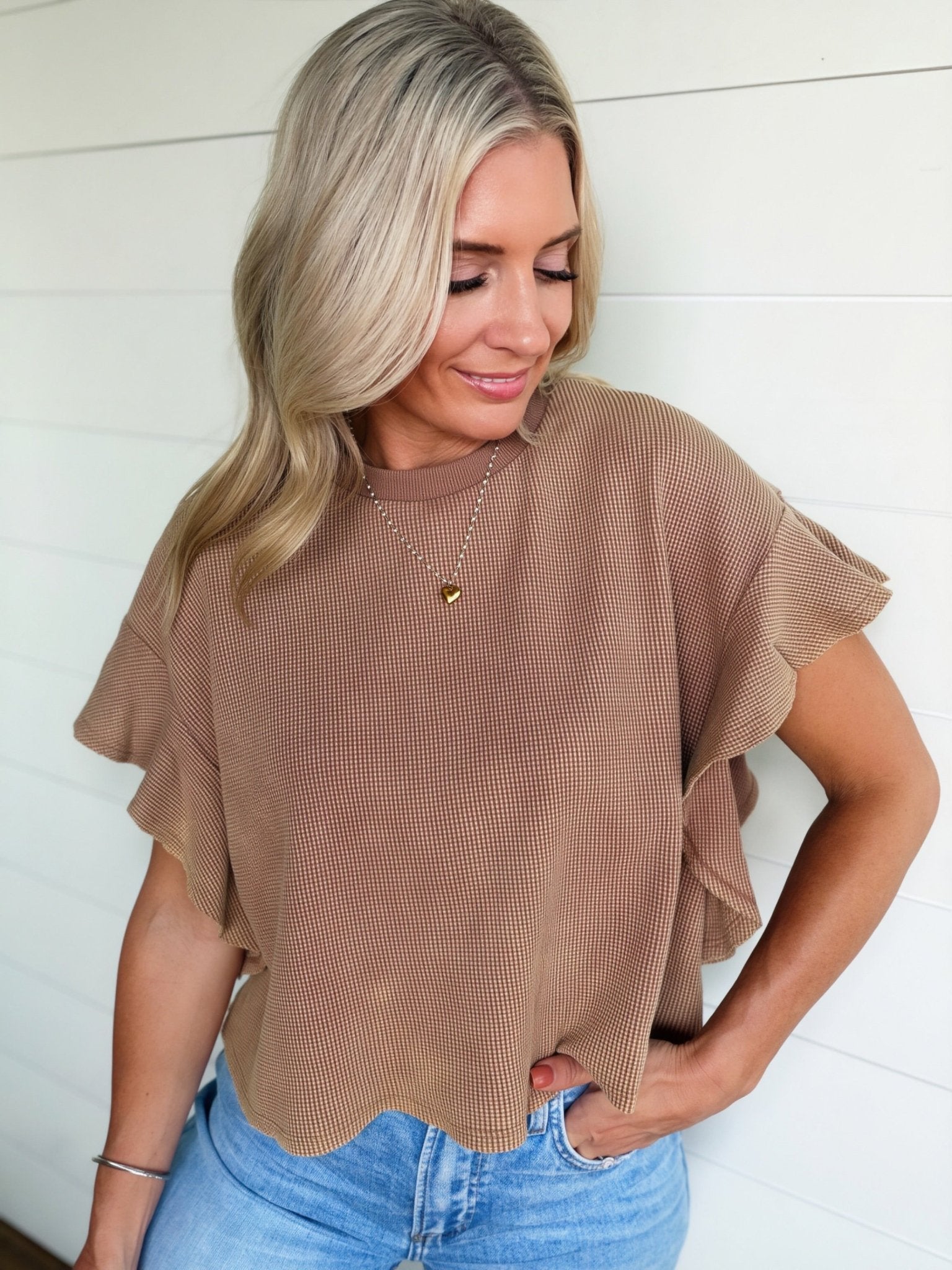 Waffle Knit Tiered Flutter Sleeve Crop Top In Coco - Infinity Raine