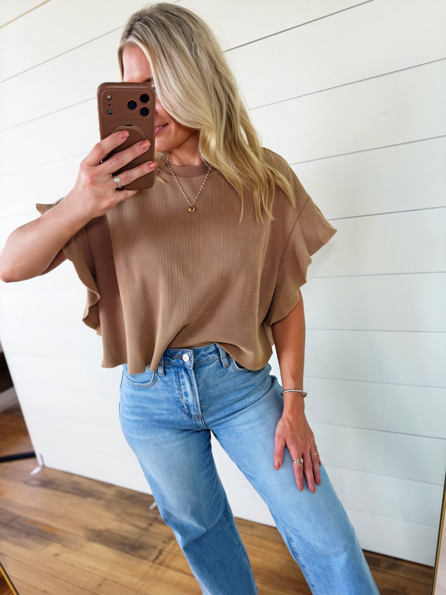 Waffle Knit Tiered Flutter Sleeve Crop Top In Coco - Infinity Raine