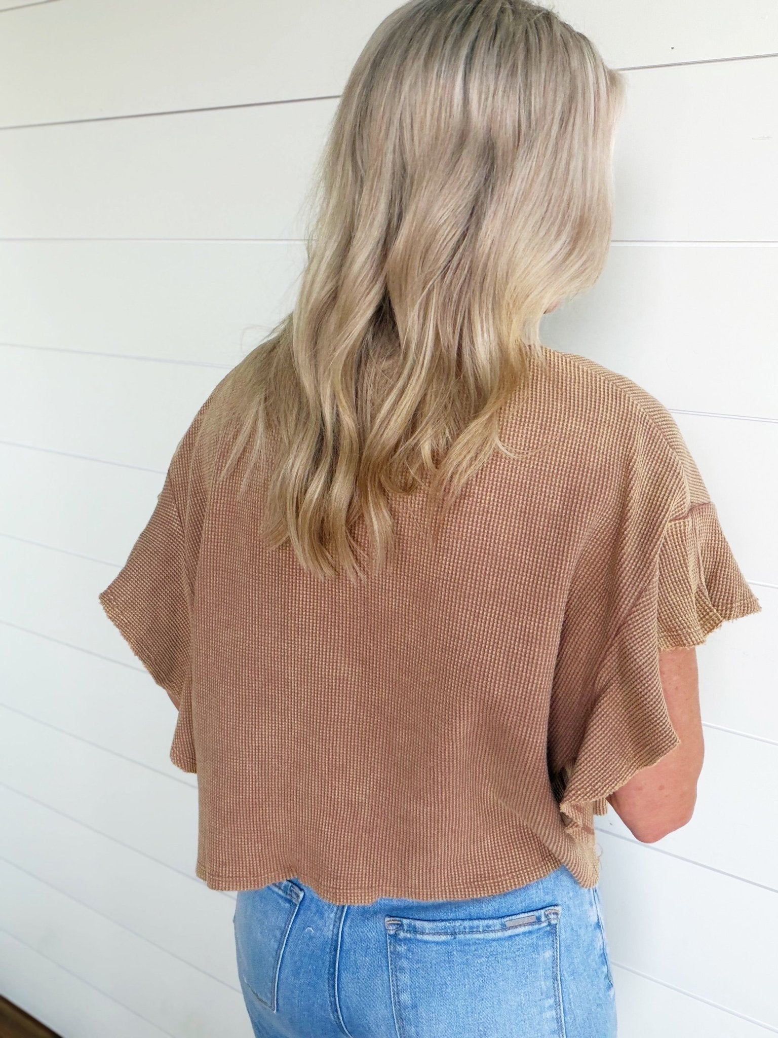 Waffle Knit Tiered Flutter Sleeve Crop Top In Coco - Infinity Raine