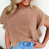 Waffle Knit Tiered Flutter Sleeve Crop Top In Coco - Infinity Raine