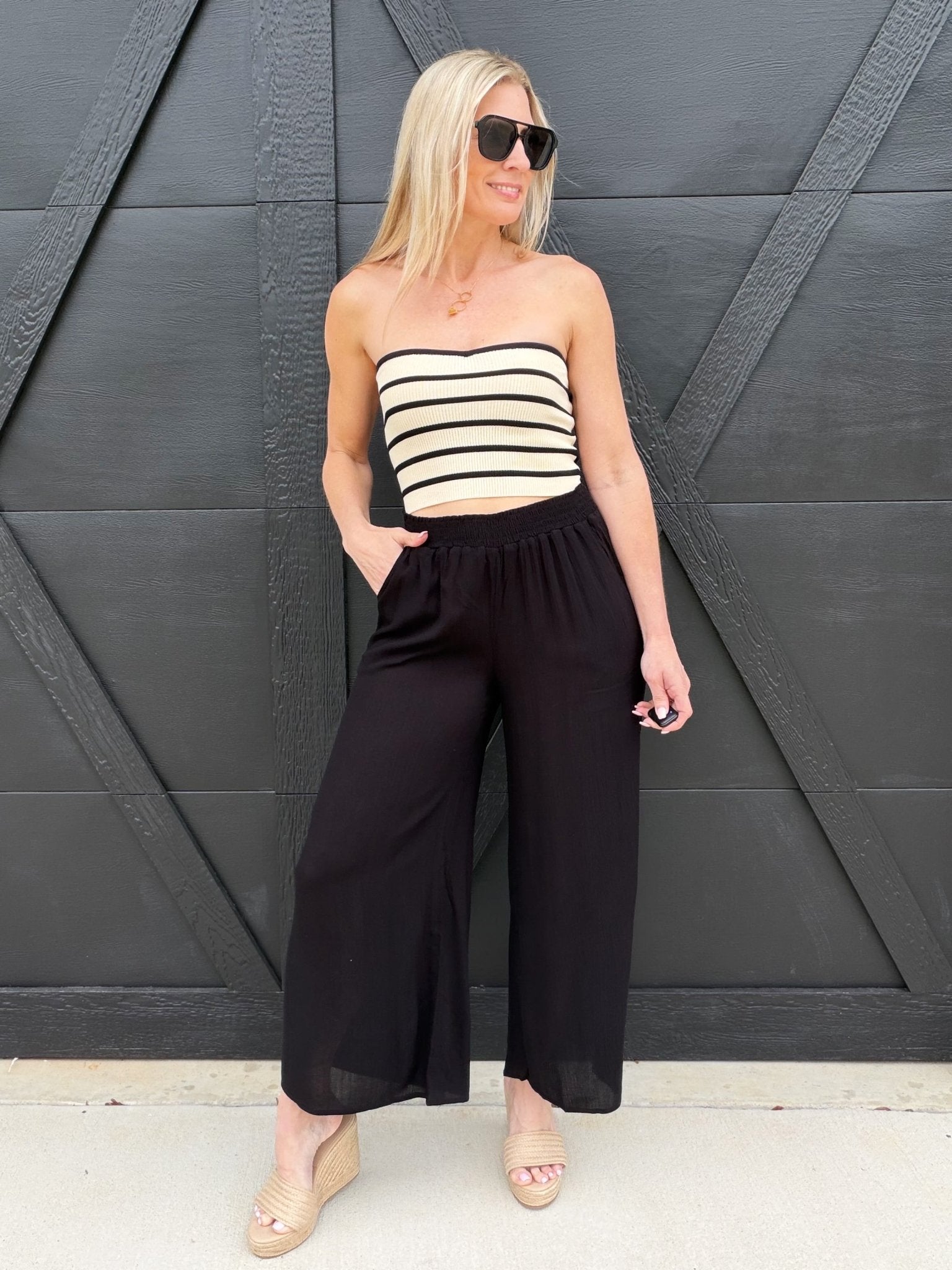 Waist Smocked Wide Leg Pants In Black - Infinity Raine