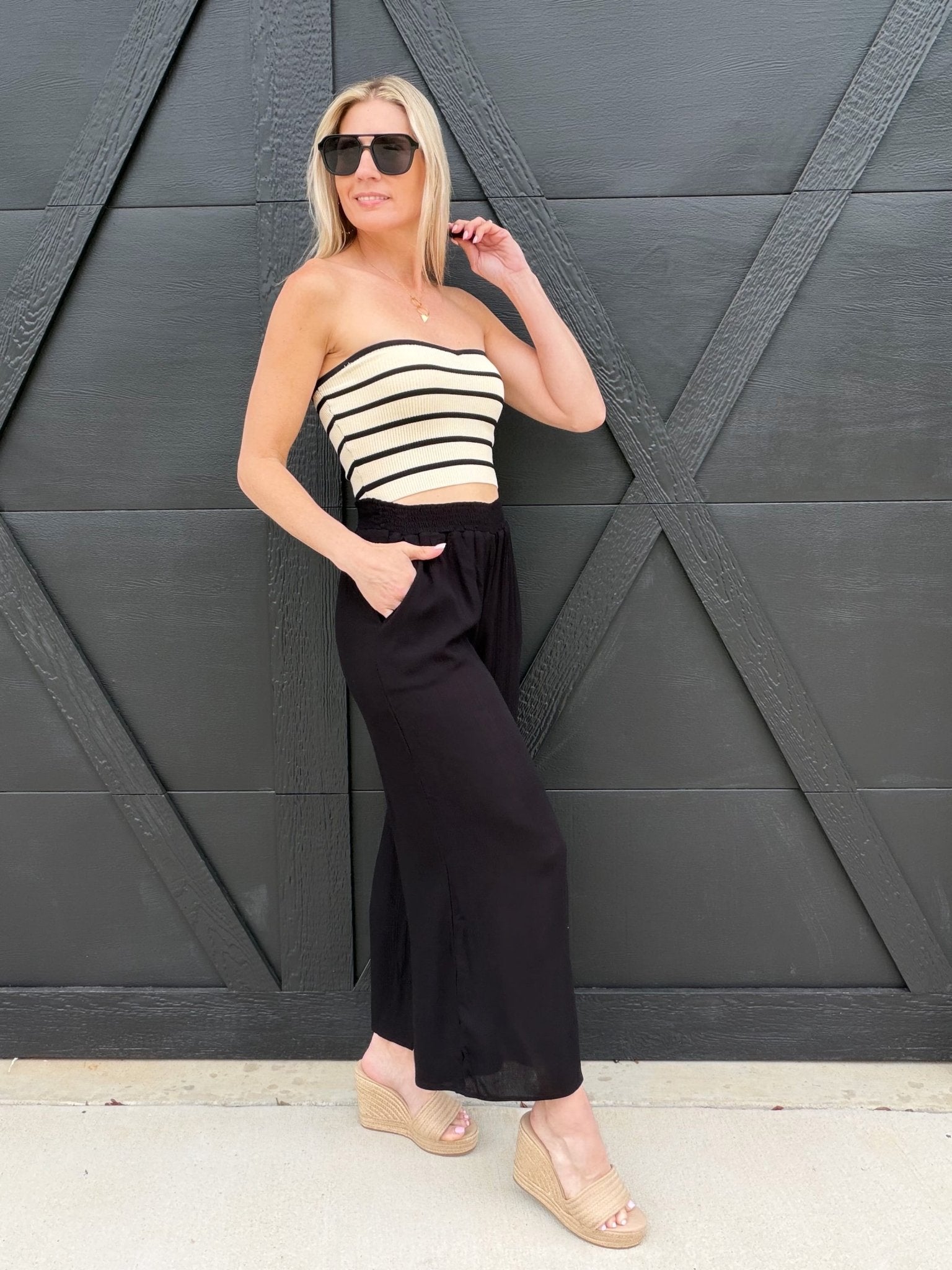 Waist Smocked Wide Leg Pants In Black - Infinity Raine