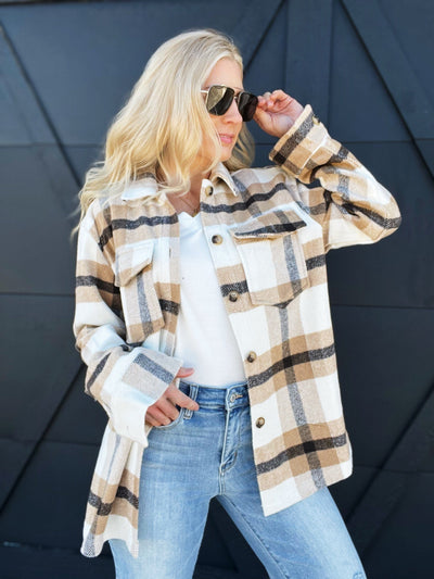 Lasso My Heart Plaid Shacket-Tan - Infinity Raine