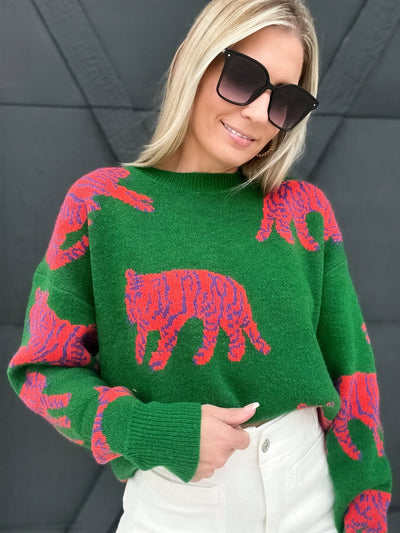Lucky Tiger Knitted Sweater-Green - Infinity Raine