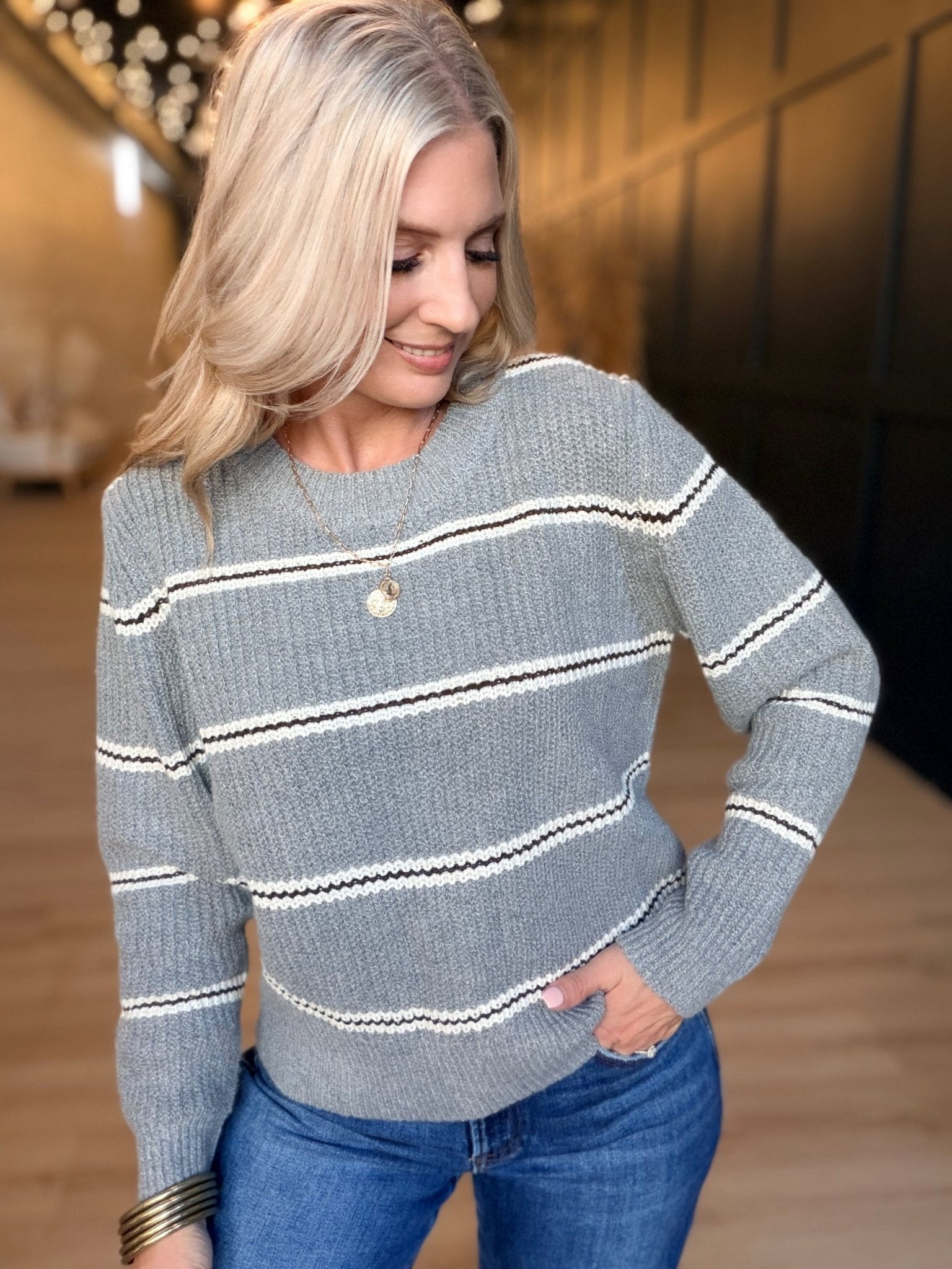 Warm Chai Stripe Sweater In Grey Multi - Infinity Raine