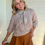 Washed 3/4 Sleeve Cable Knit Turtleneck Pullover In oat - Infinity Raine