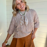 Washed 3/4 Sleeve Cable Knit Turtleneck Pullover In oat - Infinity Raine