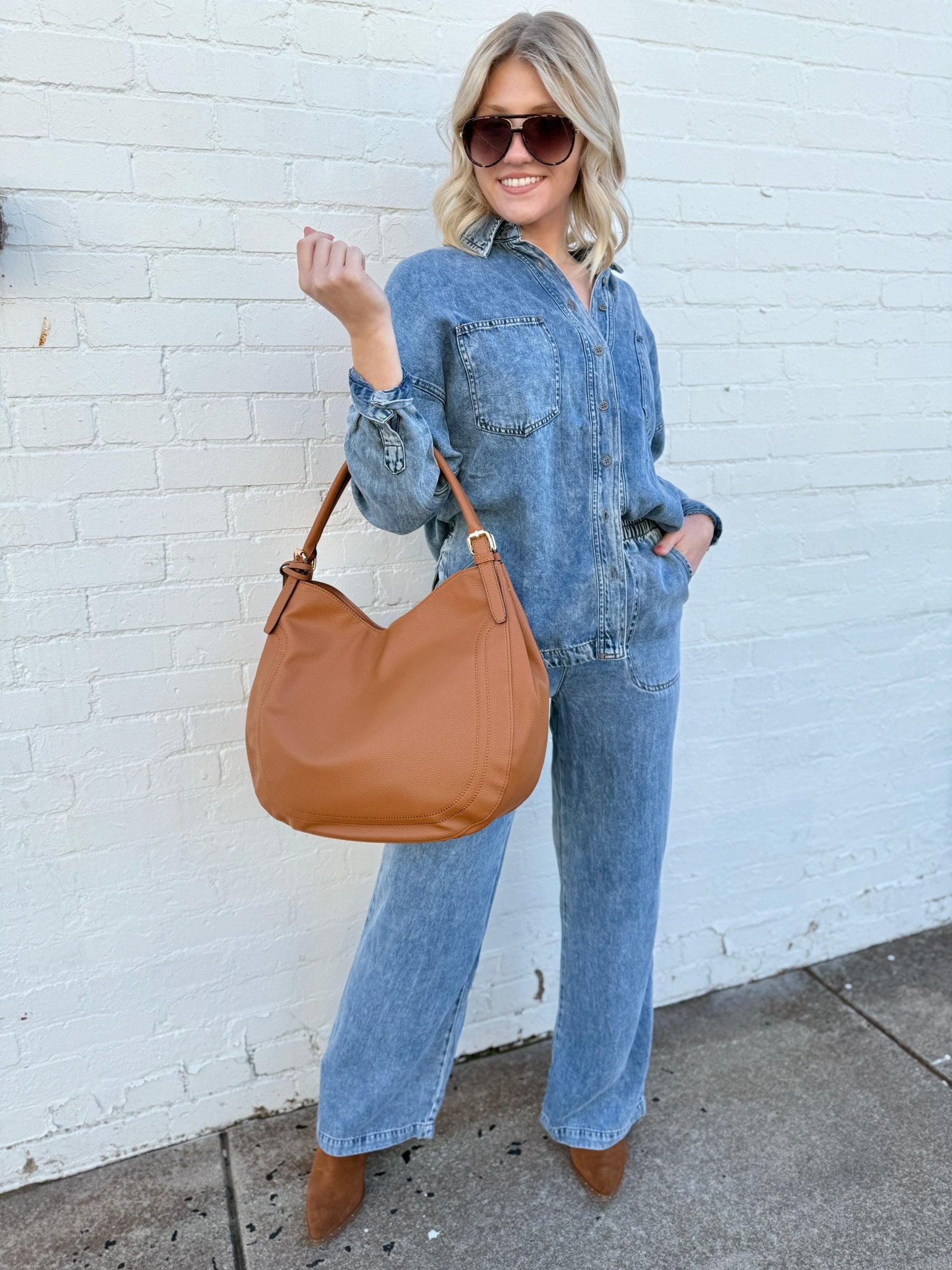 Washed Button Down Shacket In Chambray - Infinity Raine