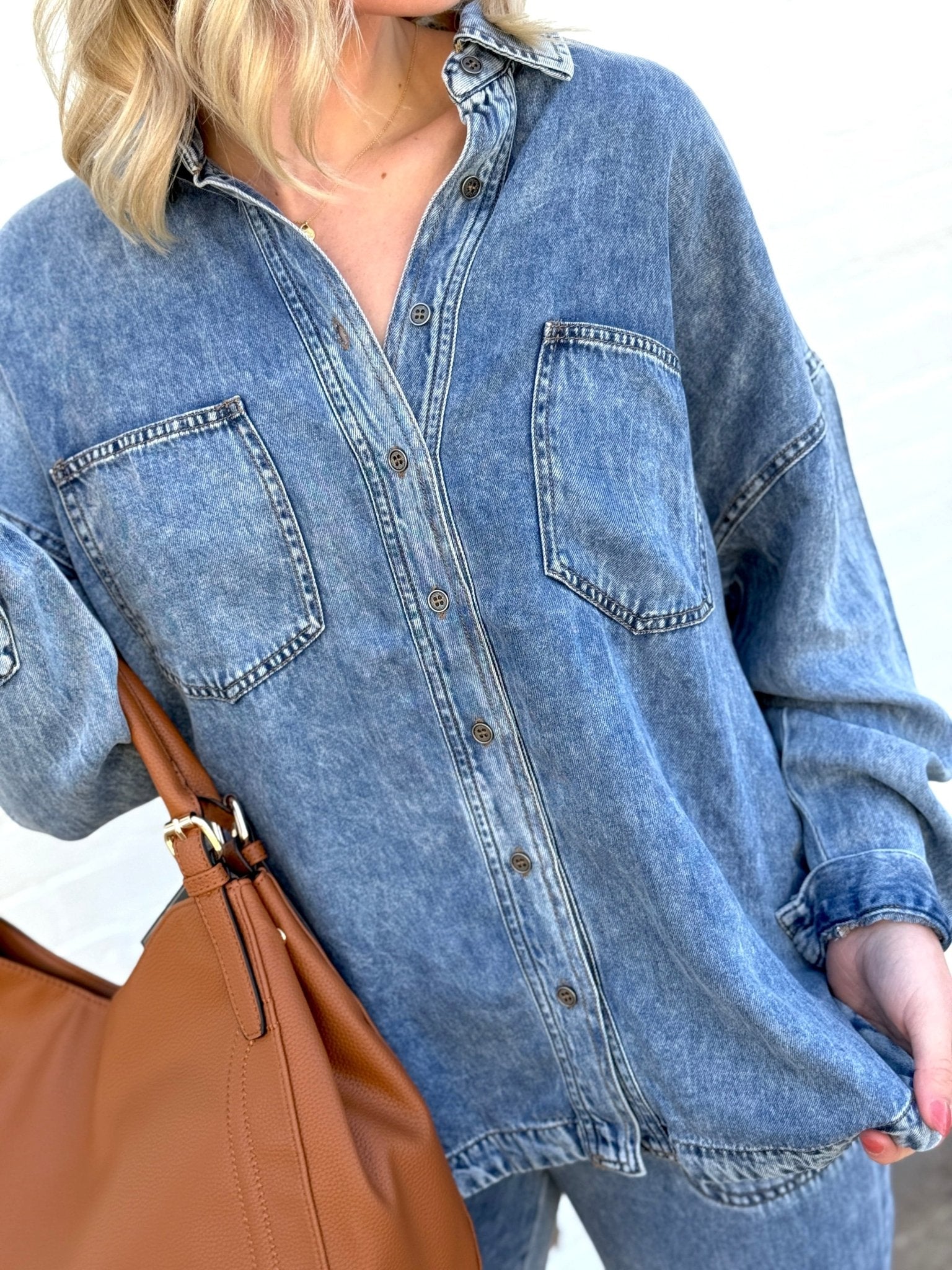 Washed Button Down Shacket In Chambray - Infinity Raine