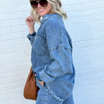 Washed Button Down Shacket In Chambray - Infinity Raine