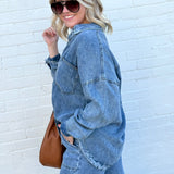 Washed Button Down Shacket In Chambray - Infinity Raine