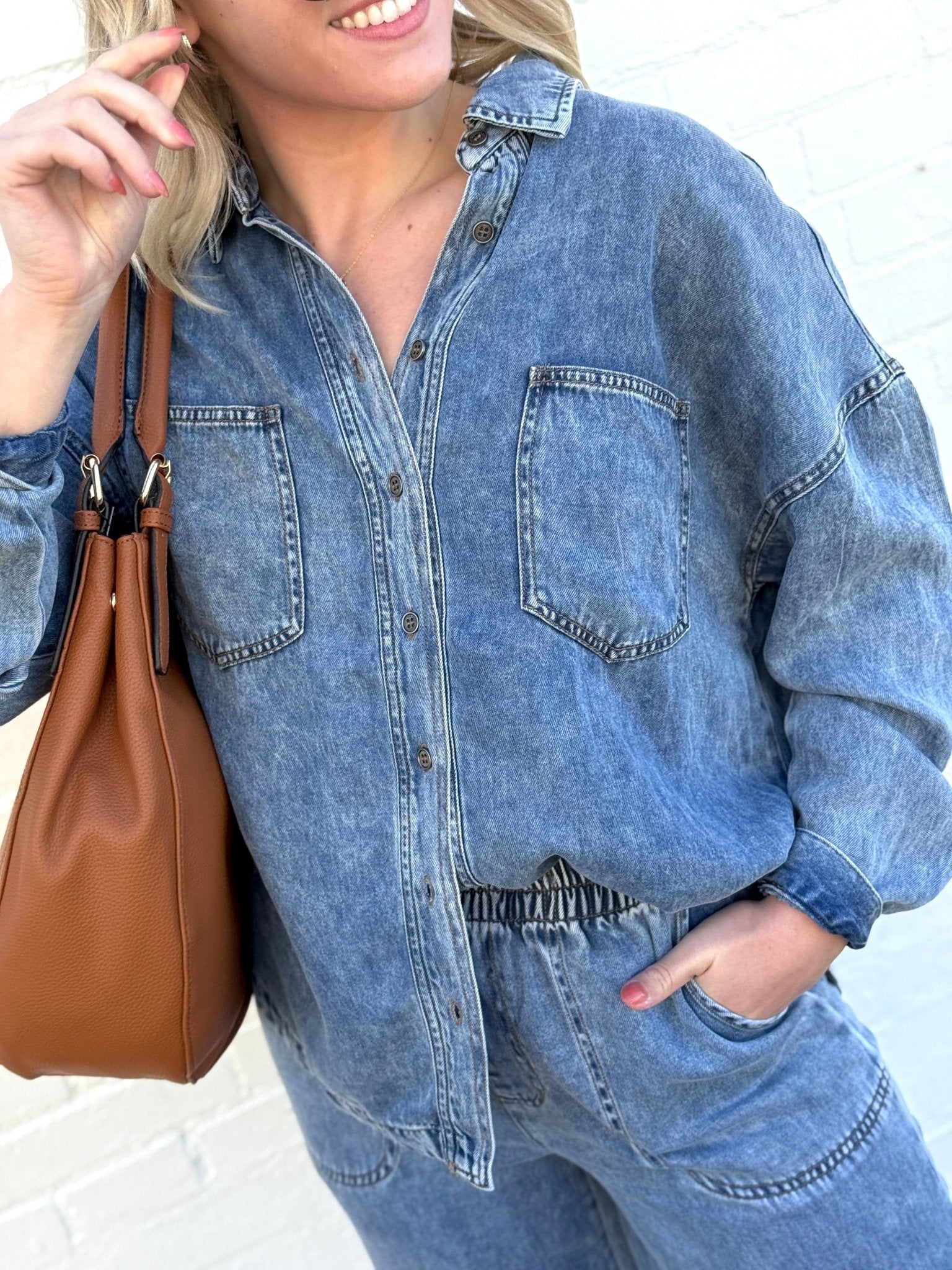 Washed Button Down Shacket In Chambray - Infinity Raine