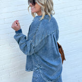 Washed Button Down Shacket In Chambray - Infinity Raine