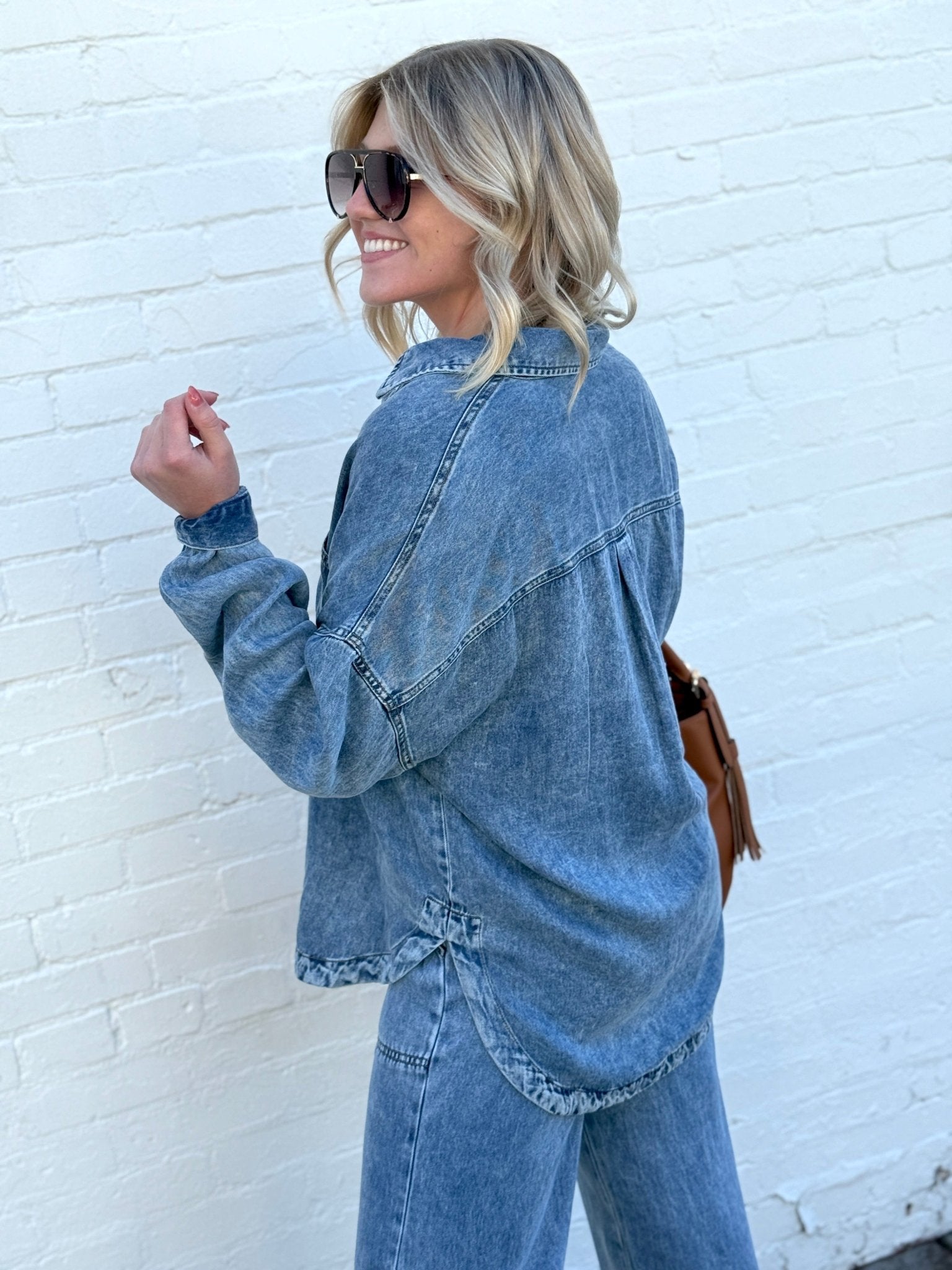 Washed Button Down Shacket In Chambray - Infinity Raine