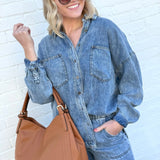 Washed Button Down Shacket In Chambray - Infinity Raine