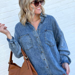 Washed Button Down Shacket In Chambray - Infinity Raine