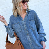 Washed Button Down Shacket In Chambray - Infinity Raine