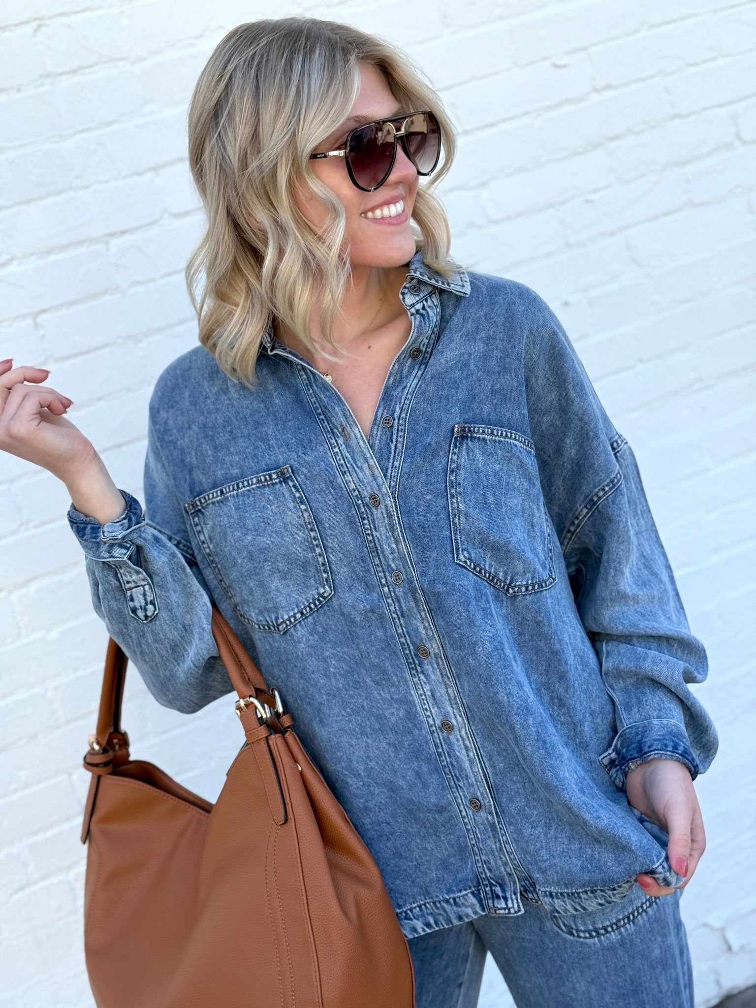 Washed Button Down Shacket In Chambray - Infinity Raine