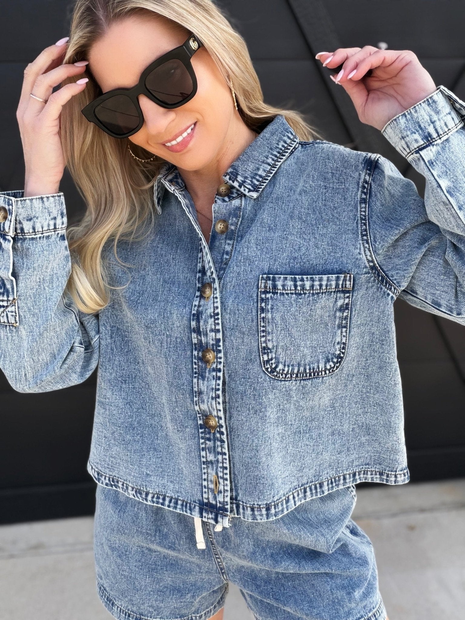 Washed Cropped Denim Button Down Shirt In Chambray - Infinity Raine