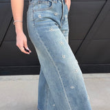 Washed Denim Jeans With Bead Trim - Infinity Raine