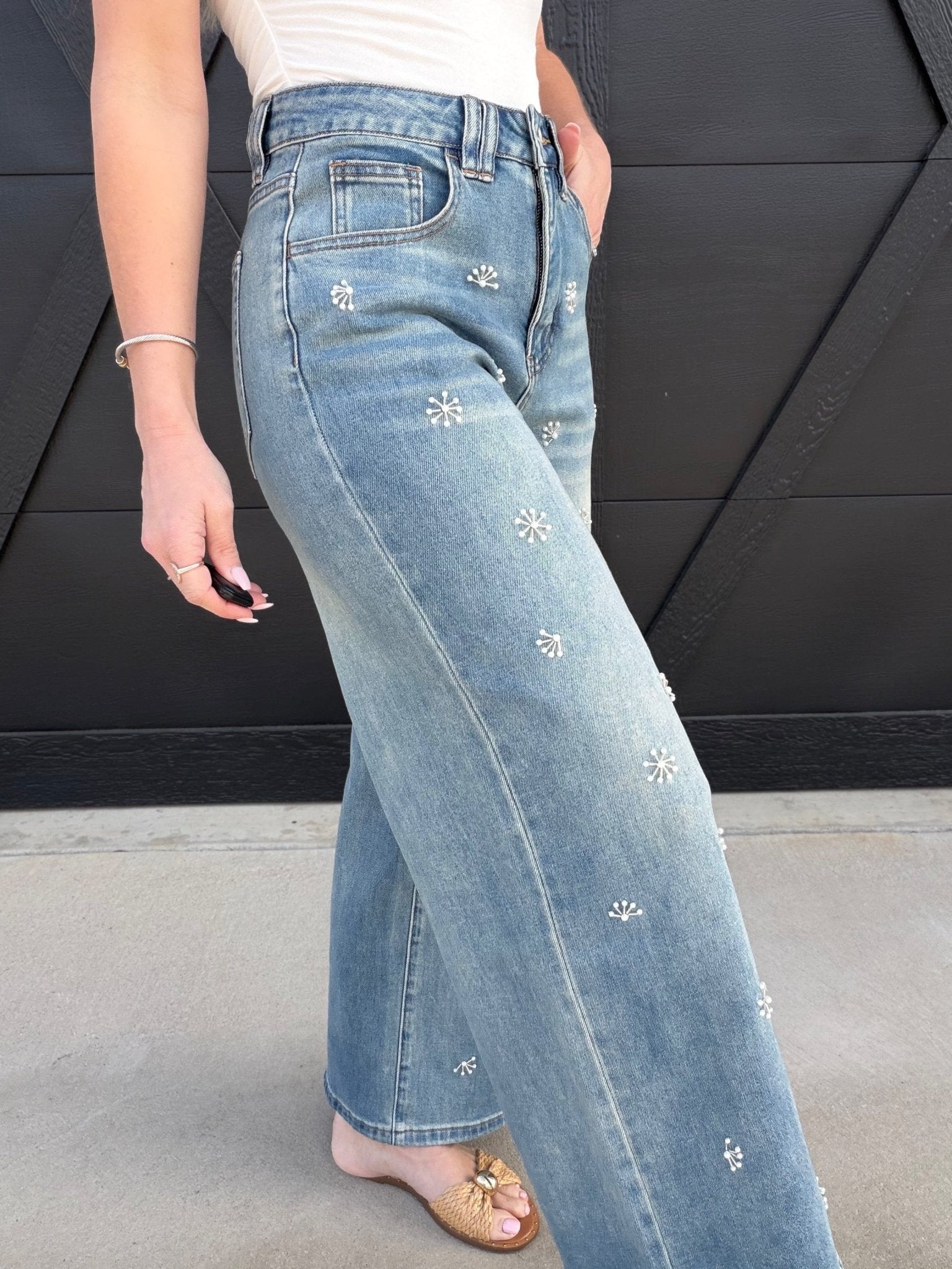 Washed Denim Jeans With Bead Trim - Infinity Raine