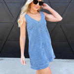 Washed Denim V Neck Sleeveless Mini Dress In Light Denim - Infinity Raine