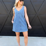 Washed Denim V Neck Sleeveless Mini Dress In Light Denim - Infinity Raine