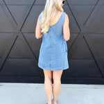 Washed Denim V Neck Sleeveless Mini Dress In Light Denim - Infinity Raine