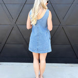 Washed Denim V Neck Sleeveless Mini Dress In Light Denim - Infinity Raine