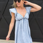 Washed High Ruffle Sleeve Mini Dress In Light Denim - Infinity Raine