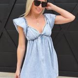 Washed High Ruffle Sleeve Mini Dress In Light Denim - Infinity Raine
