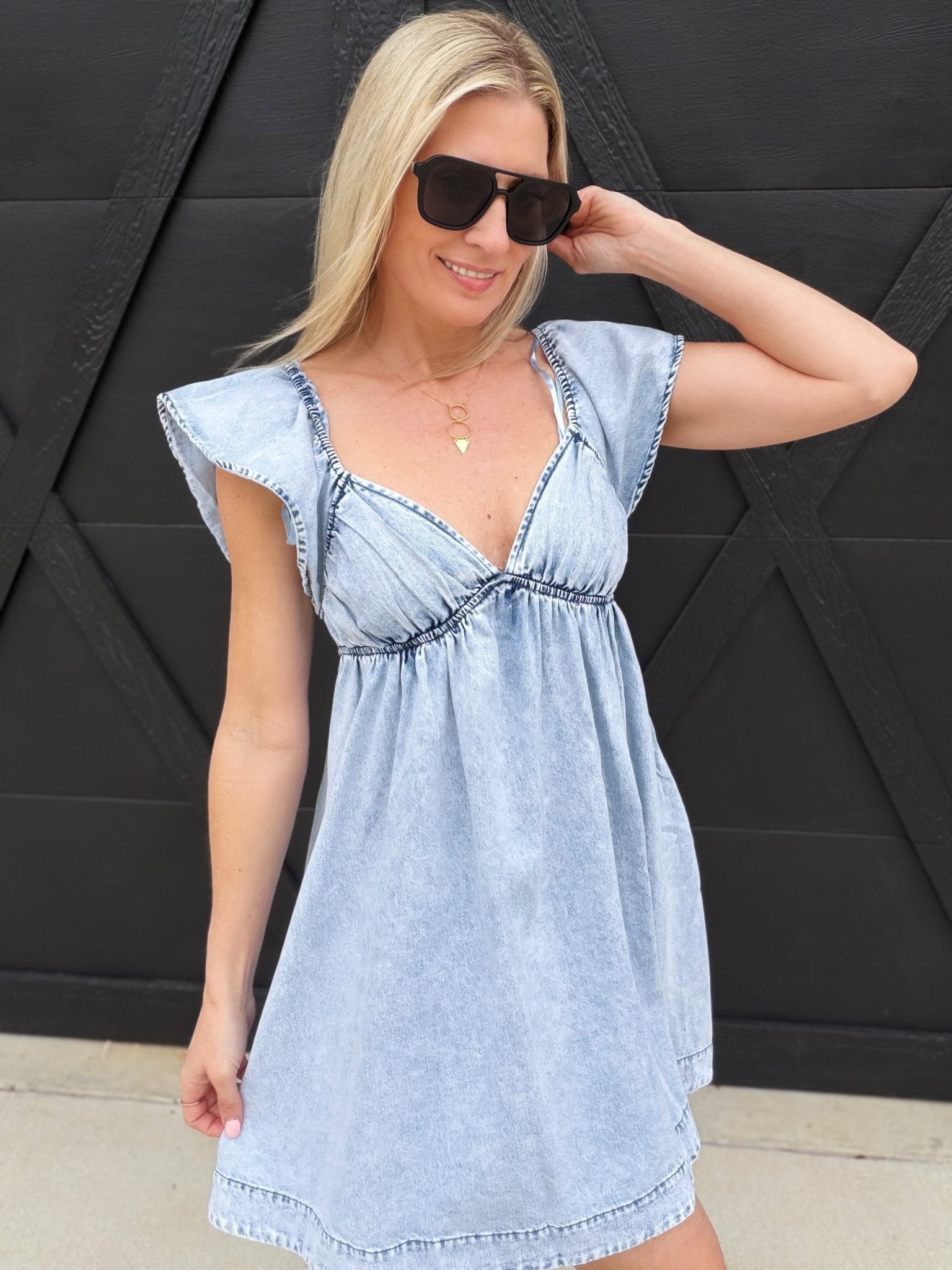 Washed High Ruffle Sleeve Mini Dress In Light Denim - Infinity Raine