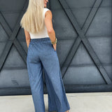 Washed Pinstriped Tie Wide Leg Pants In Denim - Infinity Raine