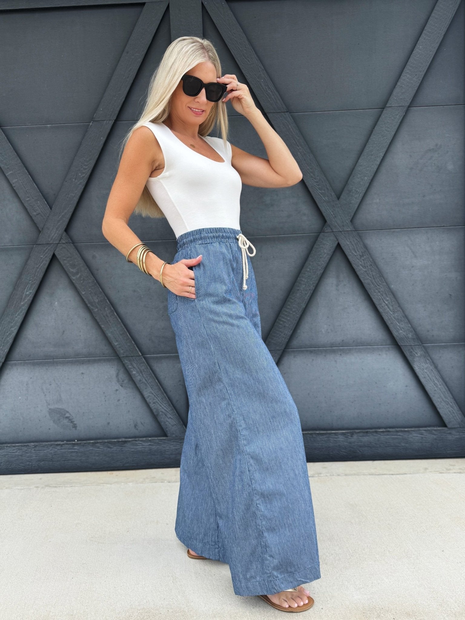 Washed Pinstriped Tie Wide Leg Pants In Denim – Infinity Raine