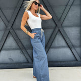 Washed Pinstriped Tie Wide Leg Pants In Denim - Infinity Raine