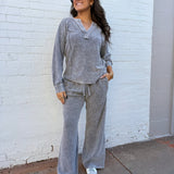 Washed Ribbed High Waisted Drawstring Pants In Charcoal - Infinity Raine