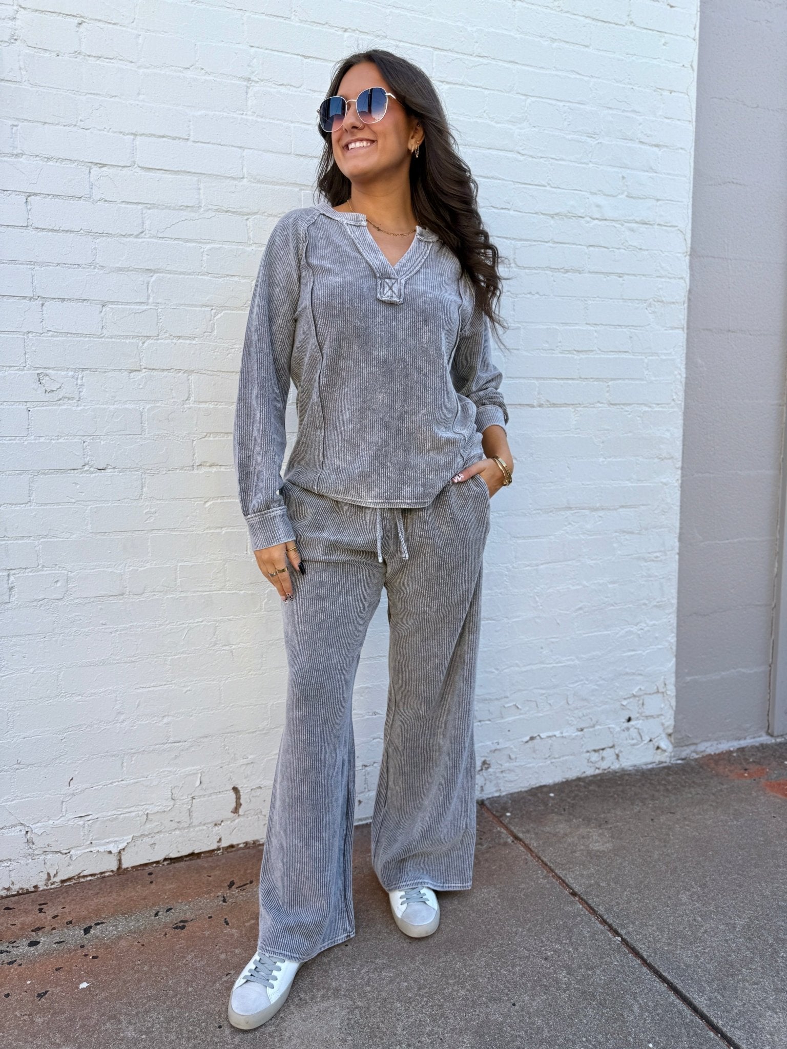Washed Ribbed High Waisted Drawstring Pants In Charcoal - Infinity Raine