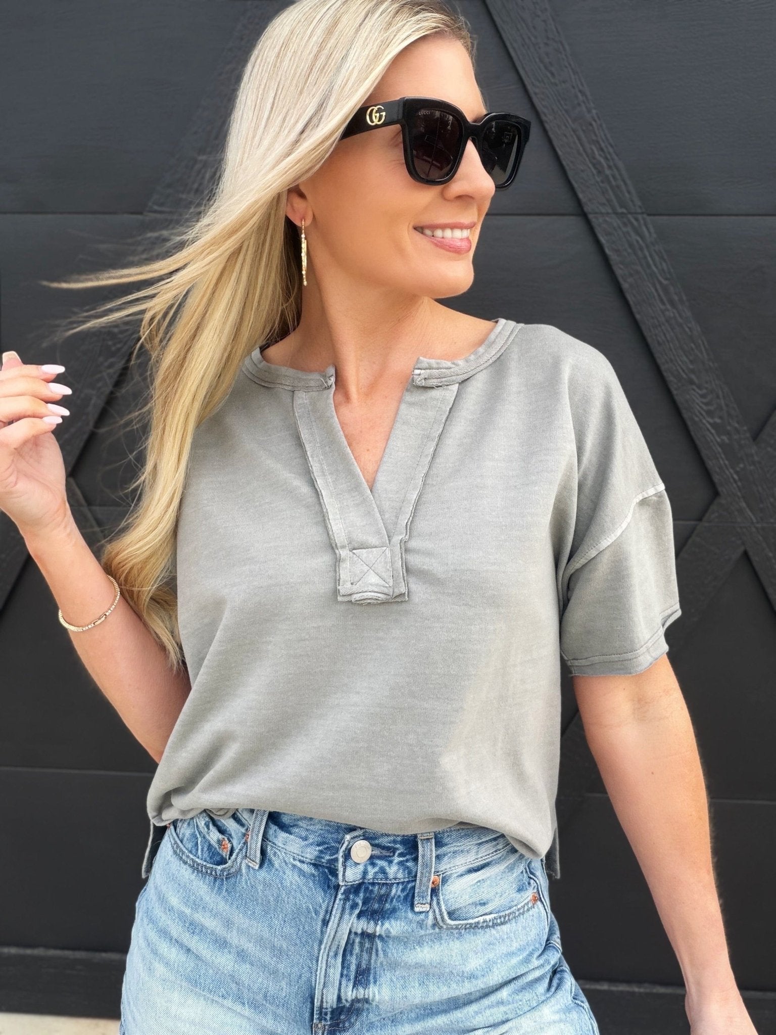Washed Split Neck Raw Edge Short Sleeve Knit Top In Grey - Infinity Raine