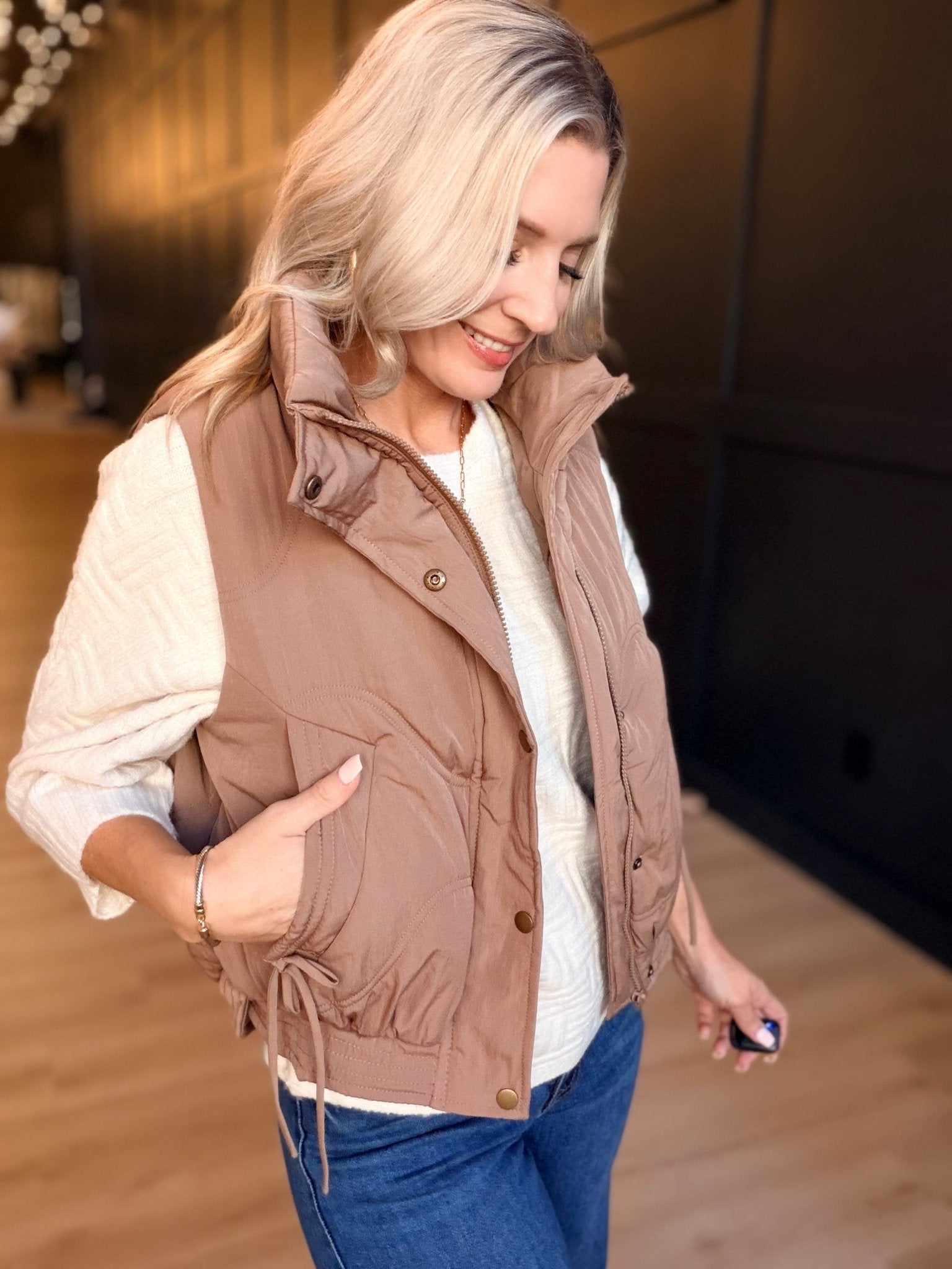 Wave Quilted Snap-Front Stand Collar Vest In Mocha - Infinity Raine