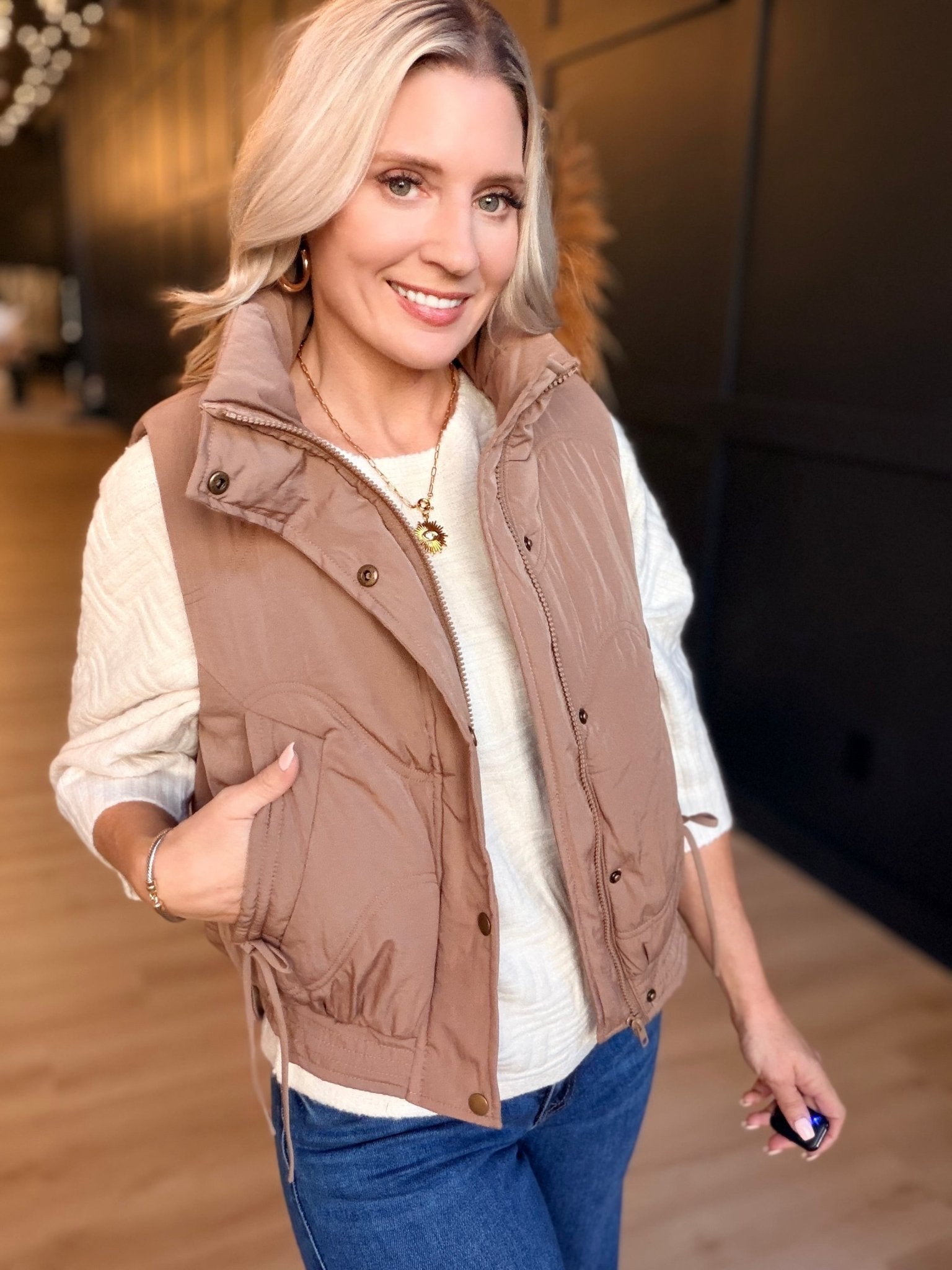 Wave Quilted Snap-Front Stand Collar Vest In Mocha - Infinity Raine