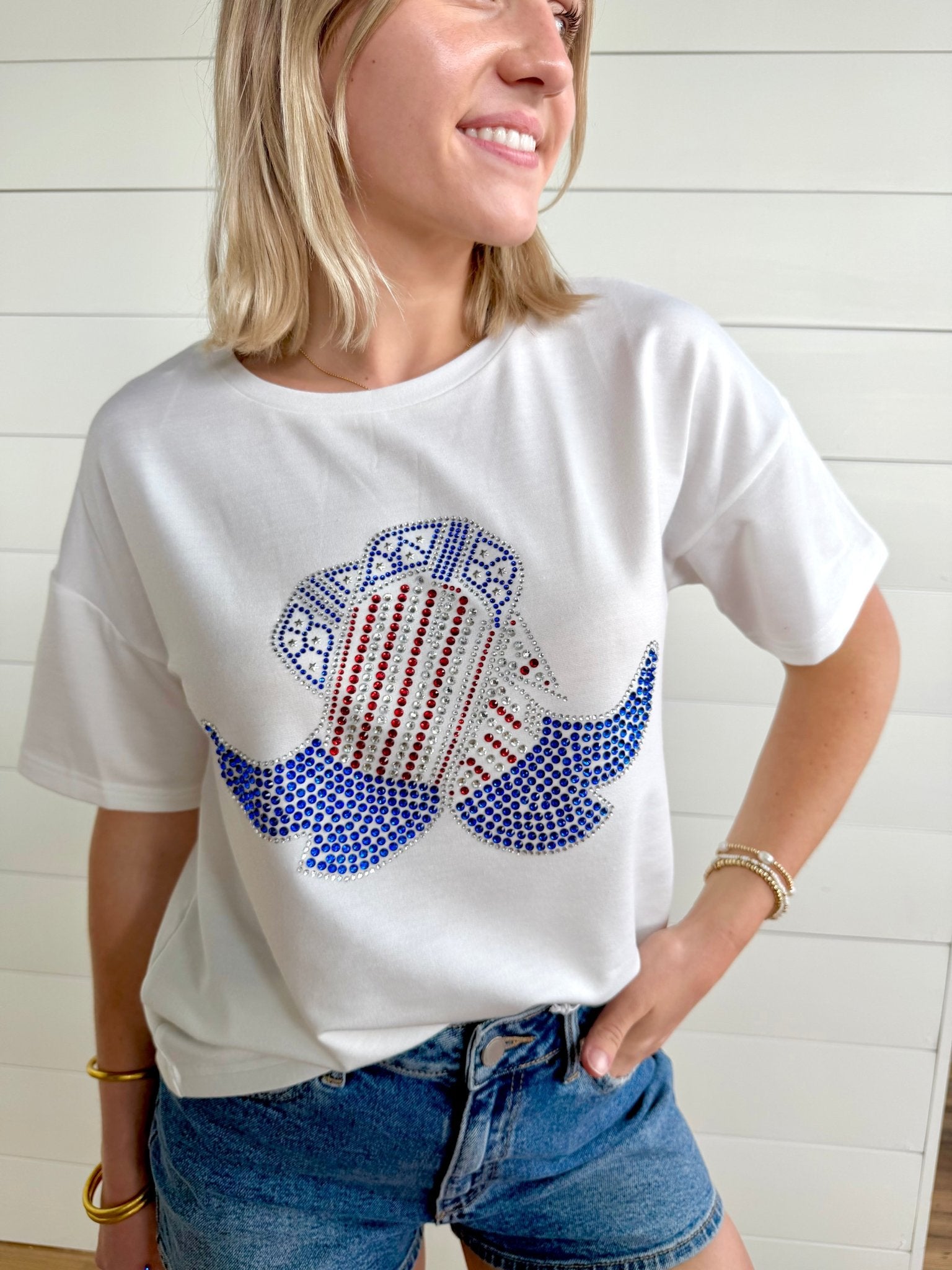 Western Boots Rhinestone T-Shirt In Ivory - Infinity Raine