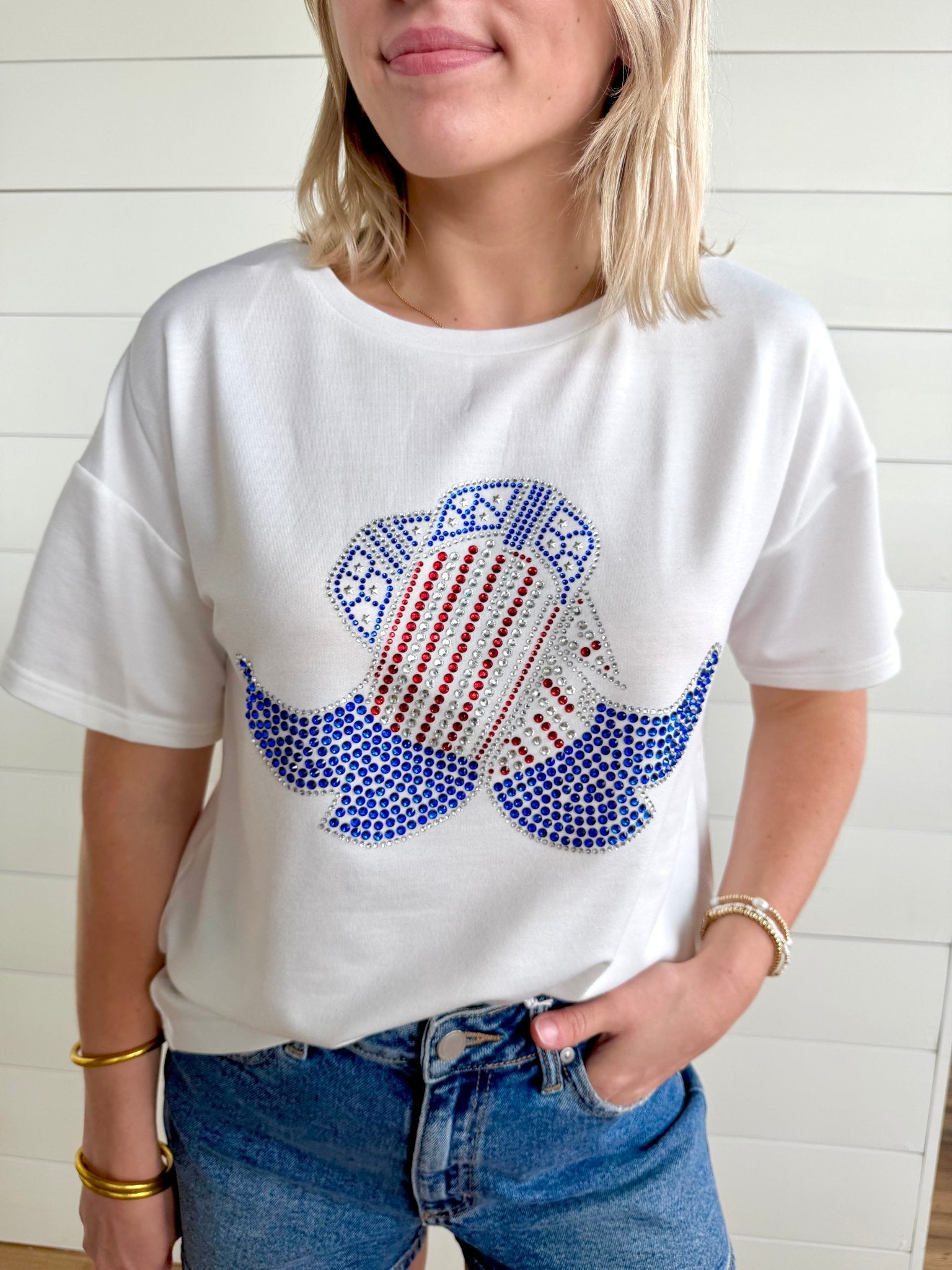 Western Boots Rhinestone T-Shirt In Ivory - Infinity Raine