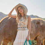 Western Buckle Strap Embroidered Denim Top In Sand - Infinity Raine