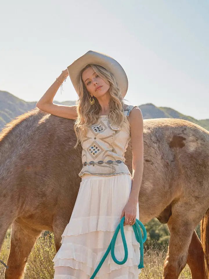 Western Buckle Strap Embroidered Denim Top In Sand - Infinity Raine